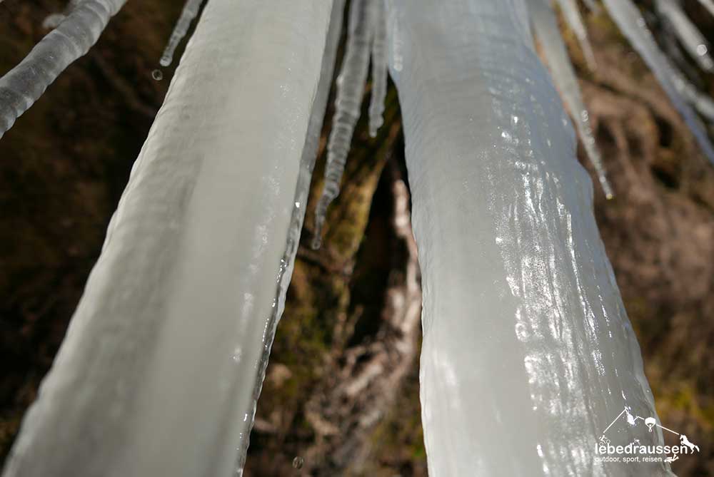 Eiszapfen auf der Felsenpfad Wanderung im Saarland