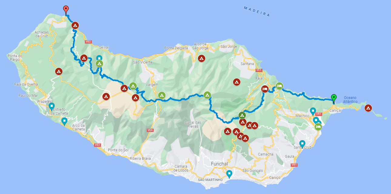 Madeira Trekking: Alle Camps auf einer Karte
